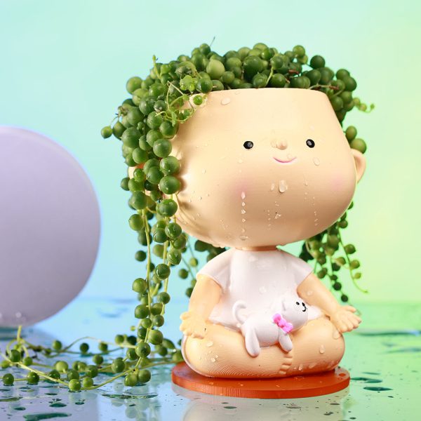 3D Printed Cute Face Planter Pot- Yogo Girl Face Planter with a Cat - Image 3