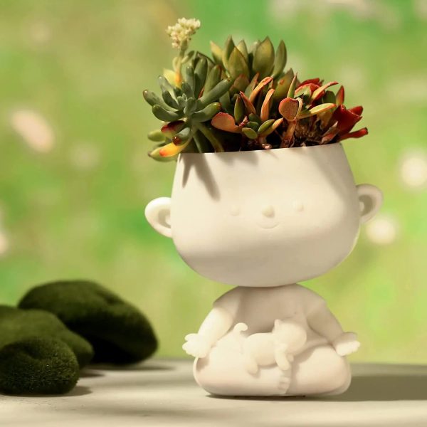 3D Printed Cute Face Planter Pot- Yogo Girl Face Planter with a Cat - Image 4